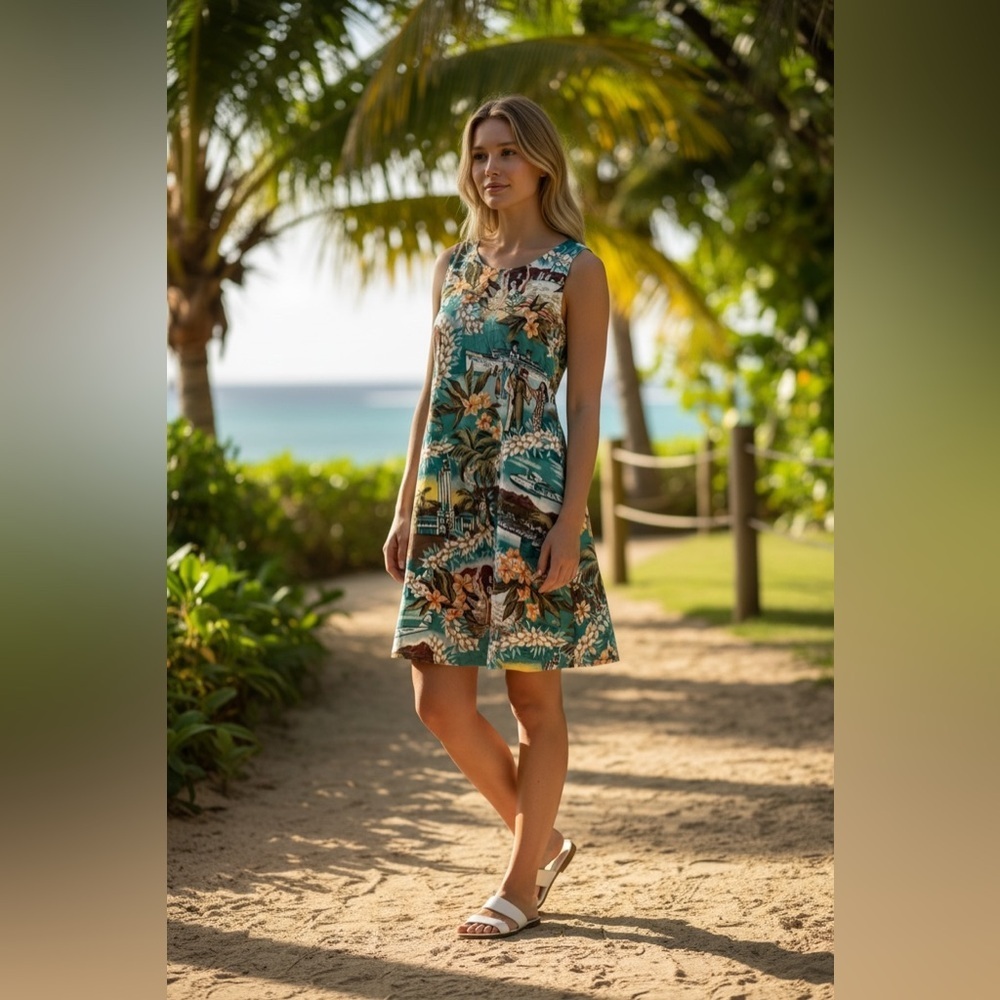 Vintage Tropical Print Sleeveless Dress - Picture 1 of 7